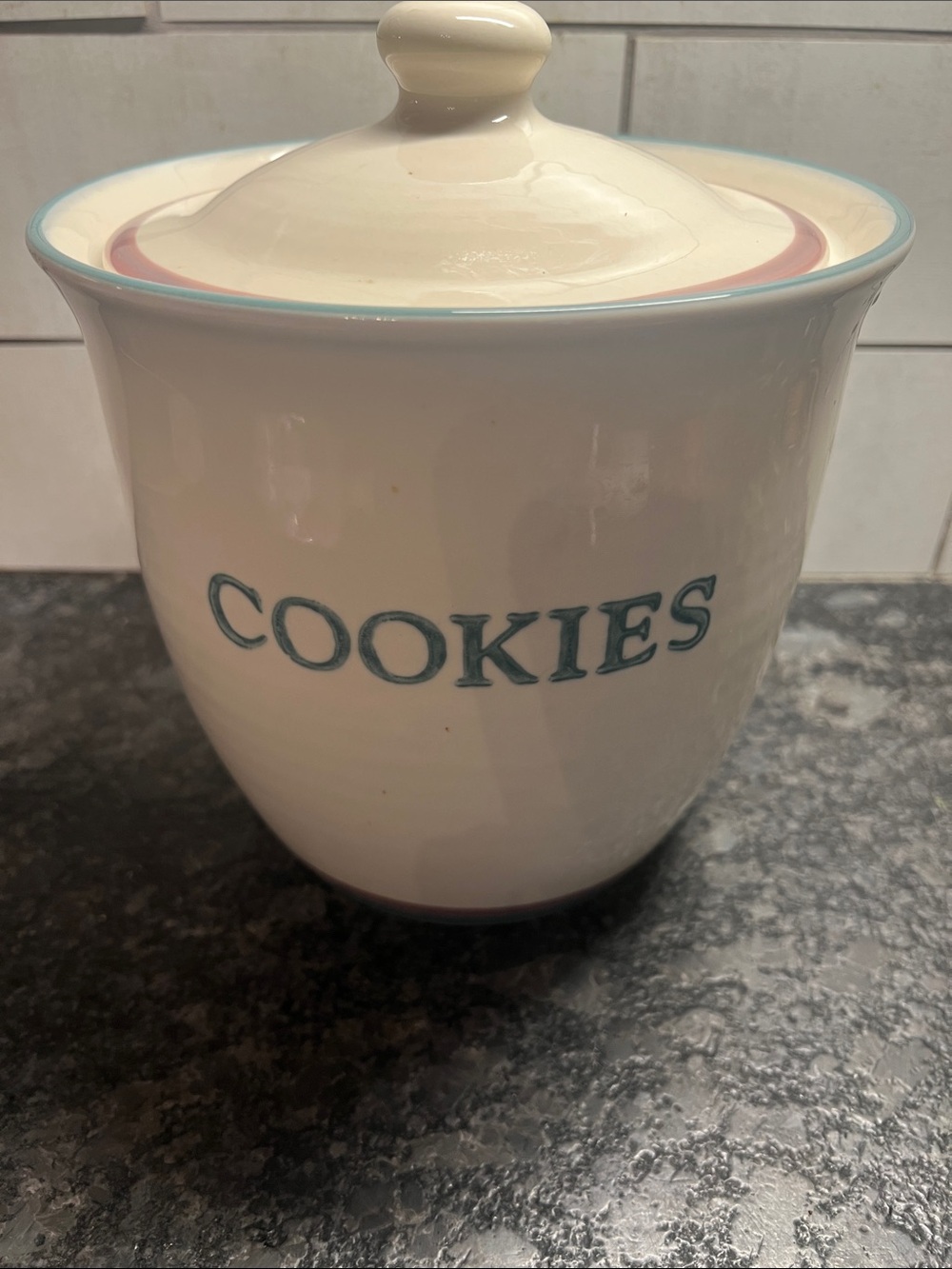 Pfaltzgraff Juniper Cream Ceramic Cookie Jar with Blue Lettering. Like new.